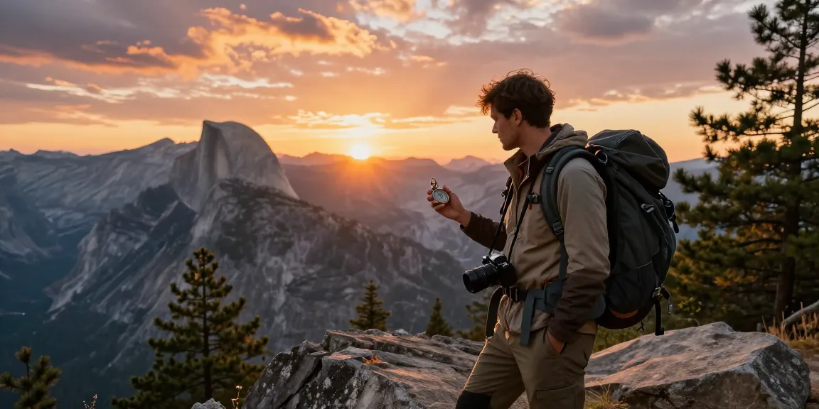 Explorer overlooking mountain sunset view with rokok88 gear and compass.