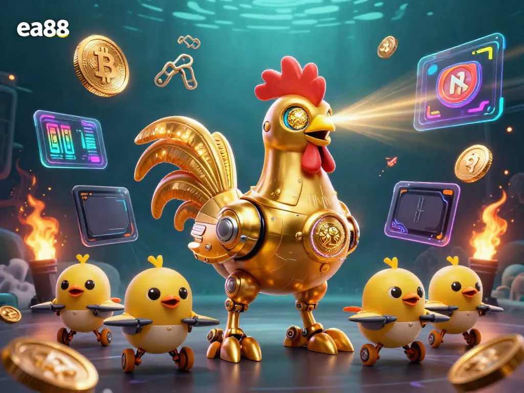 ea88 chơi game tại sòng bạc 3D với robot gà vàng và xu tiền điện tử.