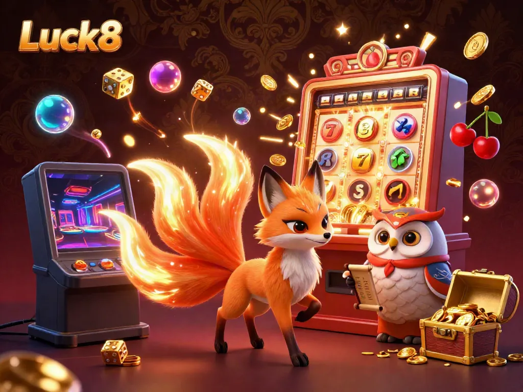Engage with Luck8's vibrant gaming universe featuring a nine-tailed fox and owl amidst swirling colorful orbs and casino elements.