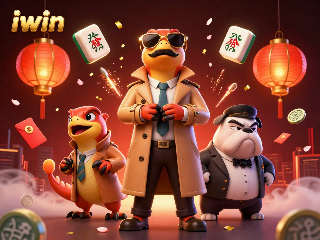 Engage with iwin's vibrant casino scene featuring raptors in a trench coat and dynamic gaming elements.