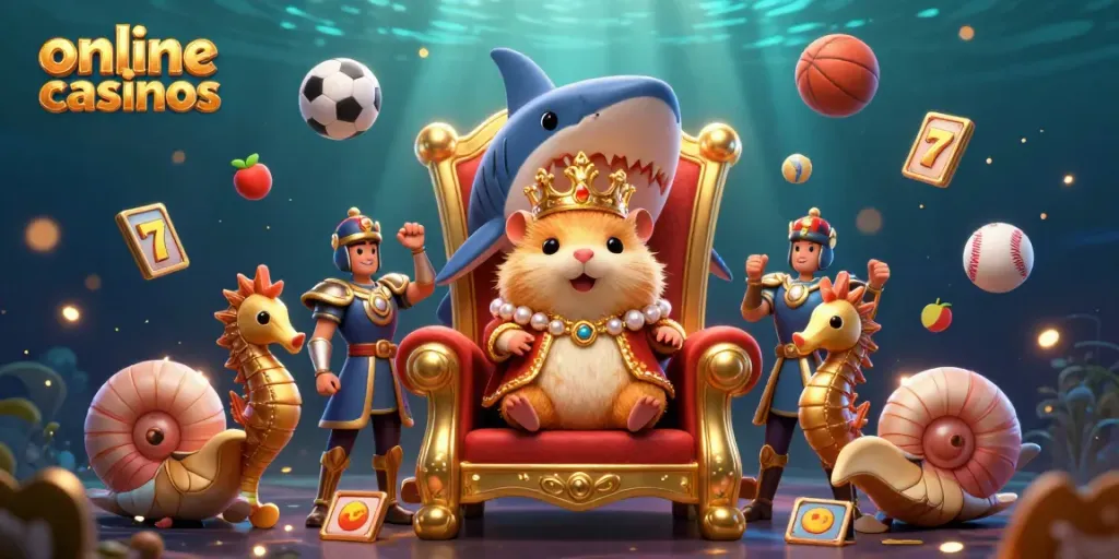 Engaging 3D illustration showcasing online casinos with a golden hamster king and seahorse guards, featuring vibrant slot elements.