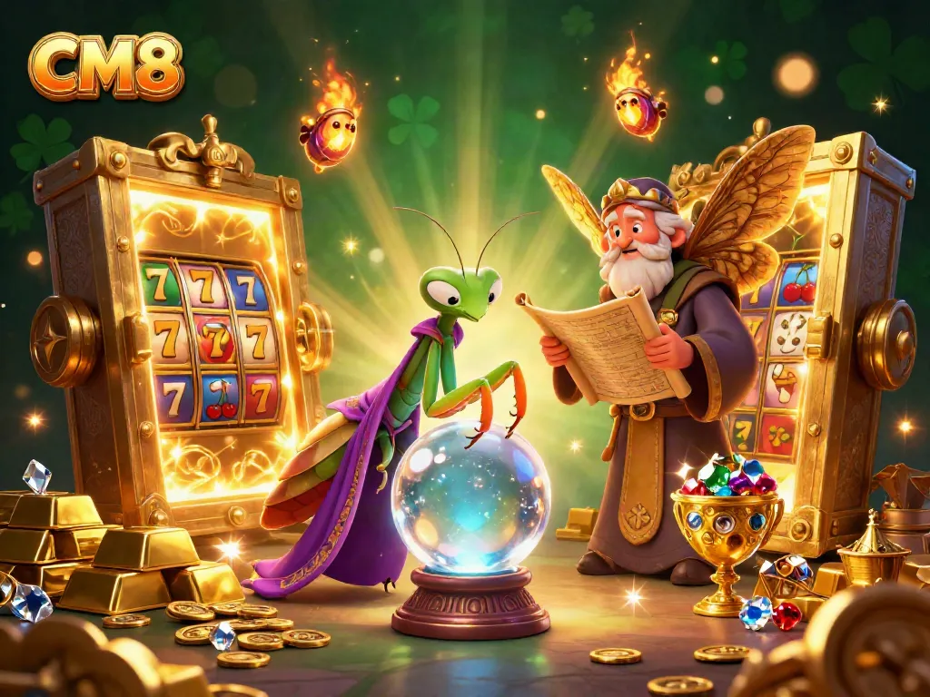 Win big with CM8 at this vibrant casino scene showcasing slot machines, treasures, and magical characters.