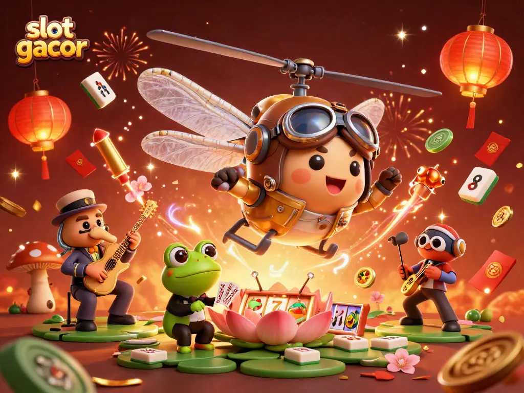 Menangkan permainan di slot gacor dengan ilustrasi casino meriah, slot reel dan simbol keberuntungan.