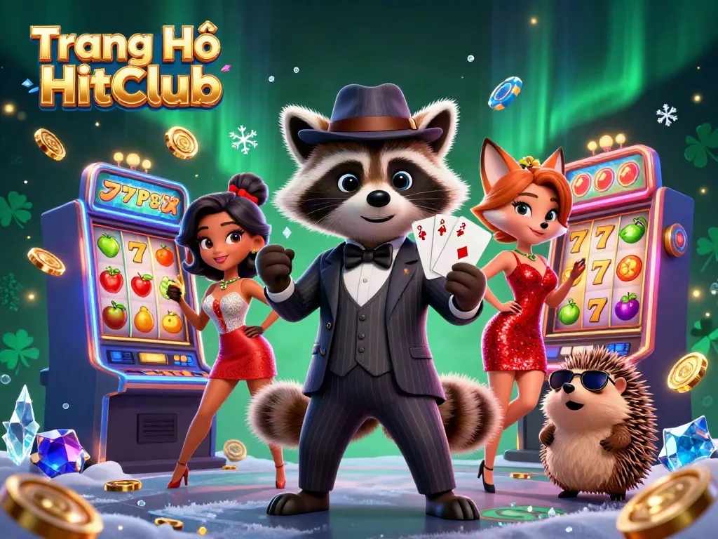 Experience the excitement of Trang Chủ HitClub with a suave raccoon, a fox, and engaging casino elements.
