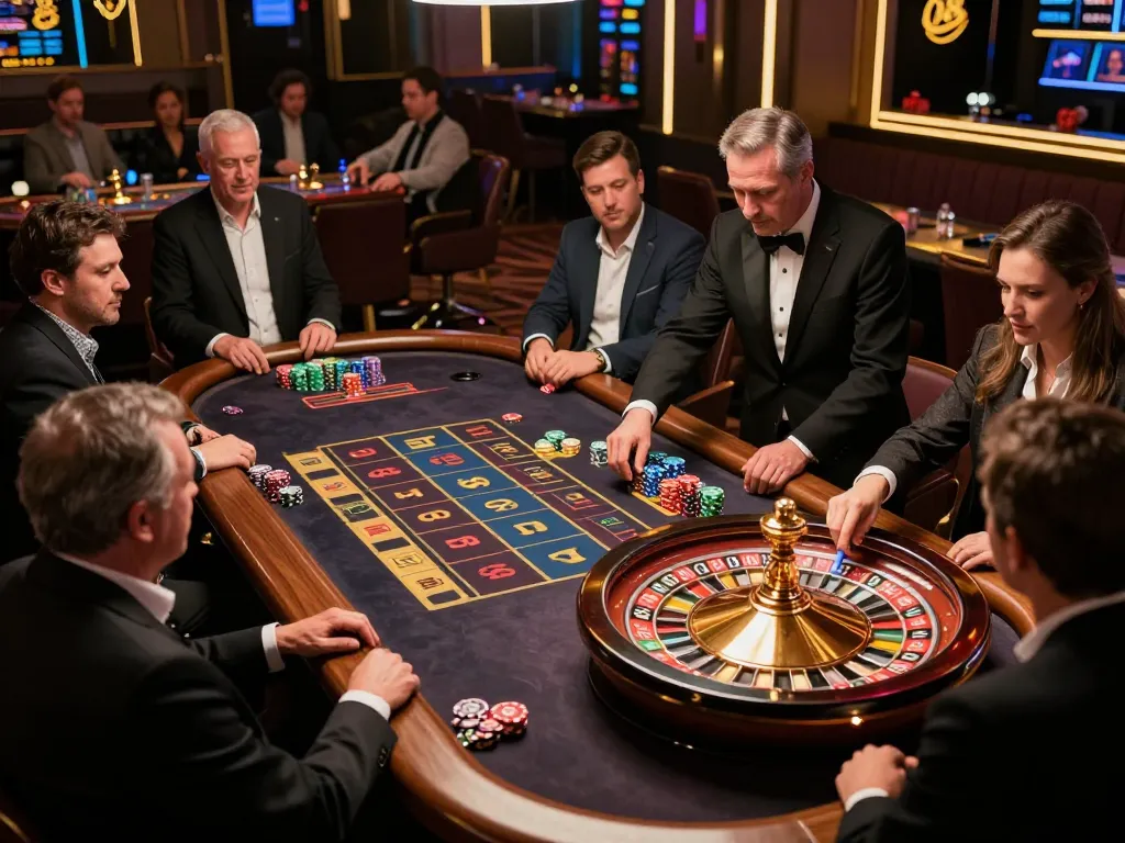 Players engage in a thrilling game at O8 Casino, watching the dealer spin the roulette wheel.