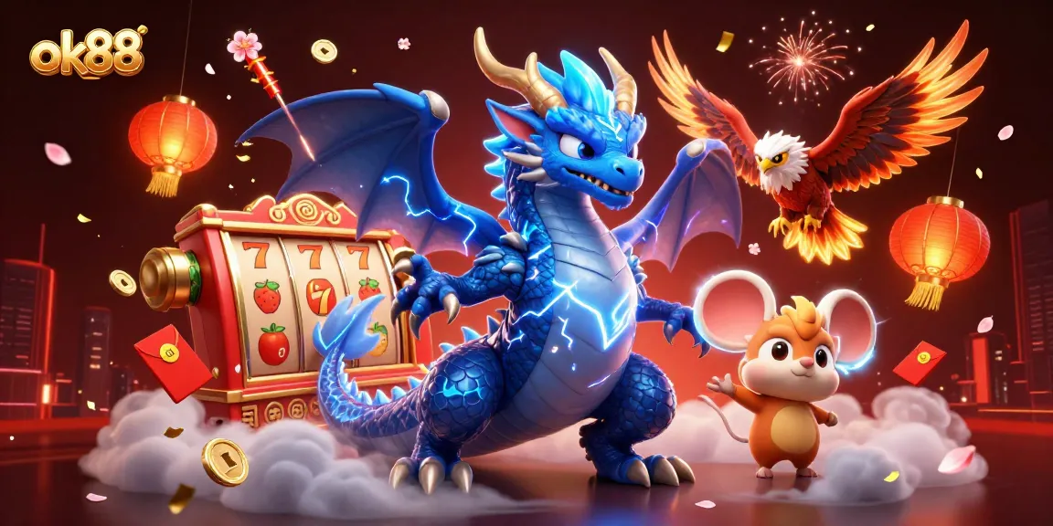 Experience thrilling gaming moments with ok88 featuring a vibrant thunder dragon and slot elements.