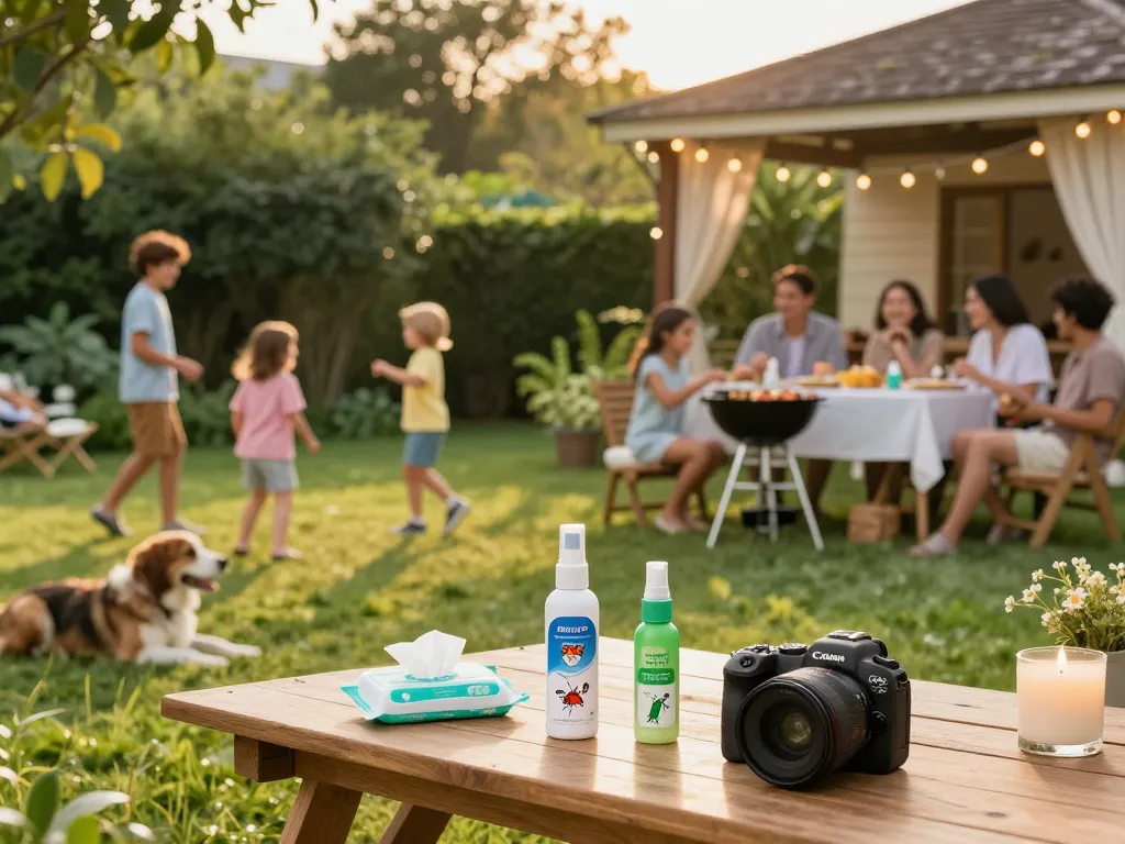 Family enjoying a backyard barbecue with mosquito repellent products nearby for effective protection.