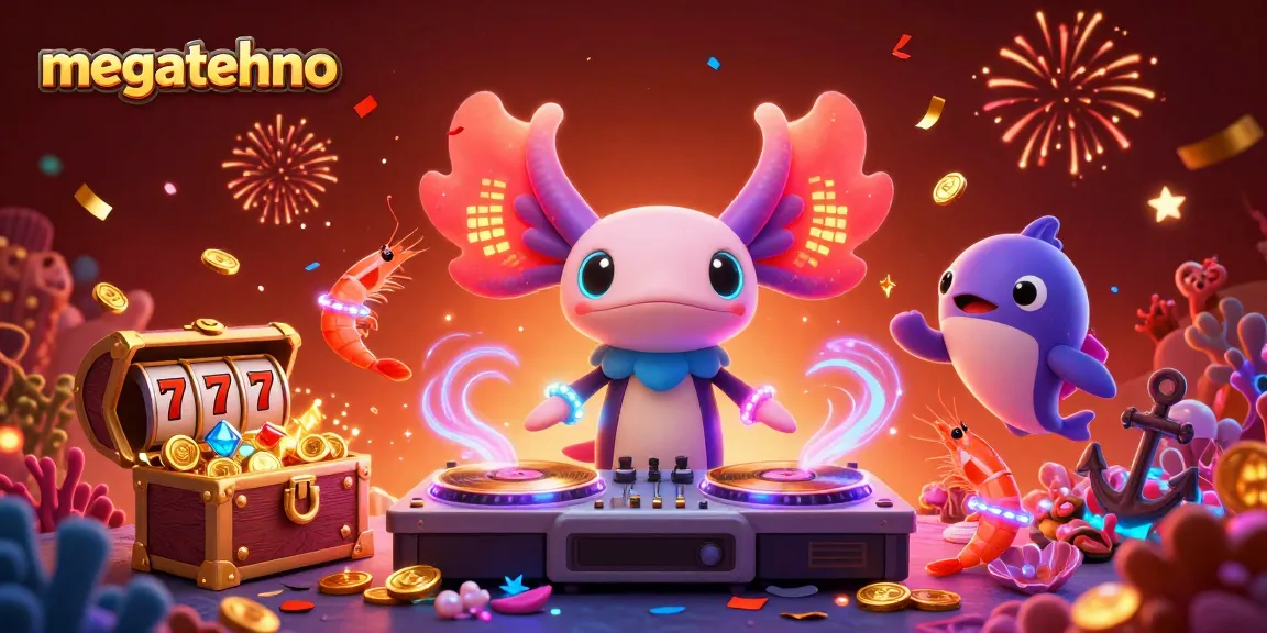 Experience megatehno's vibrant underwater casino adventure with cartoon axolotl DJ spinning winning slots.