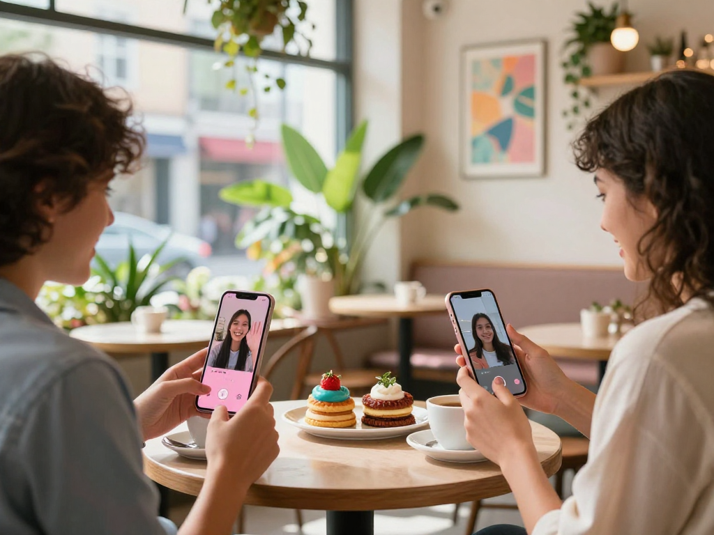 Engaging in pink chat video conversations in a vibrant cafe setting.