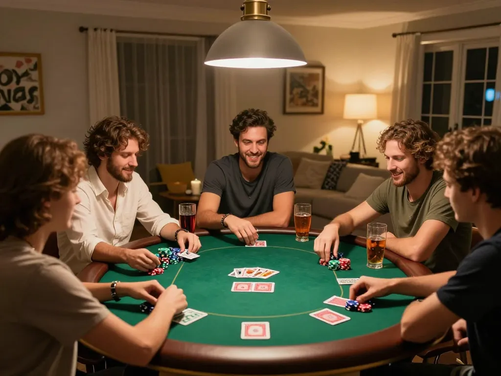 Jun88 home poker game with friends enjoying cards and chips in a warm, social atmosphere.