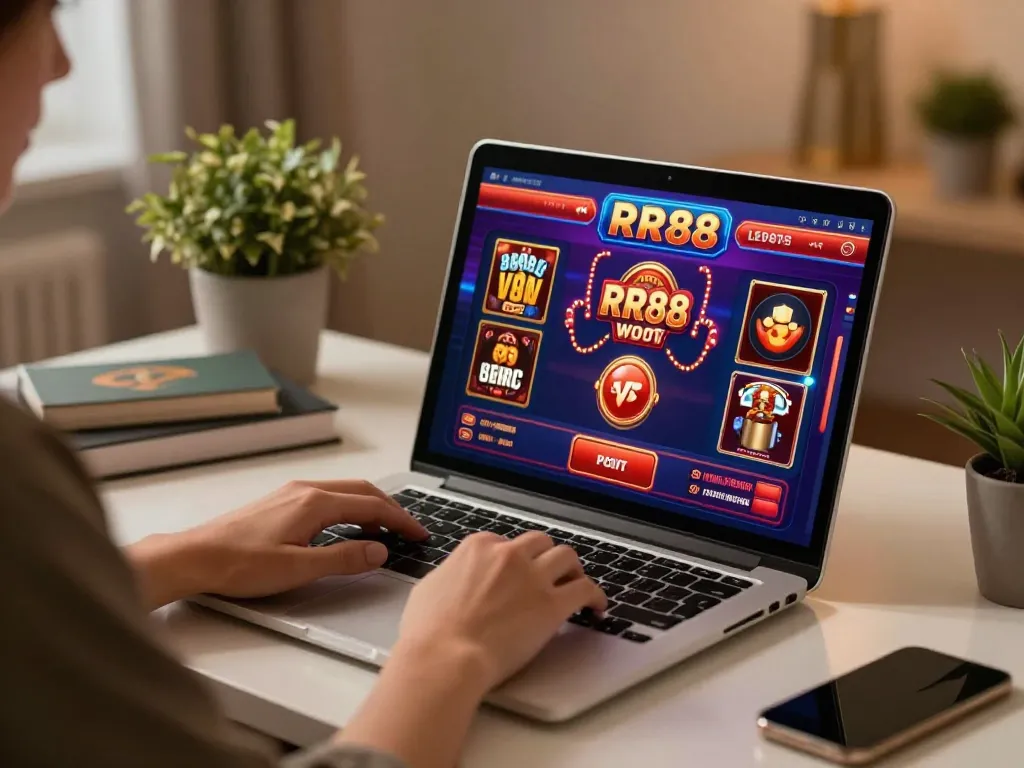 Engaging online gaming at RR88 reveals vibrant casino graphics on the laptop screen.