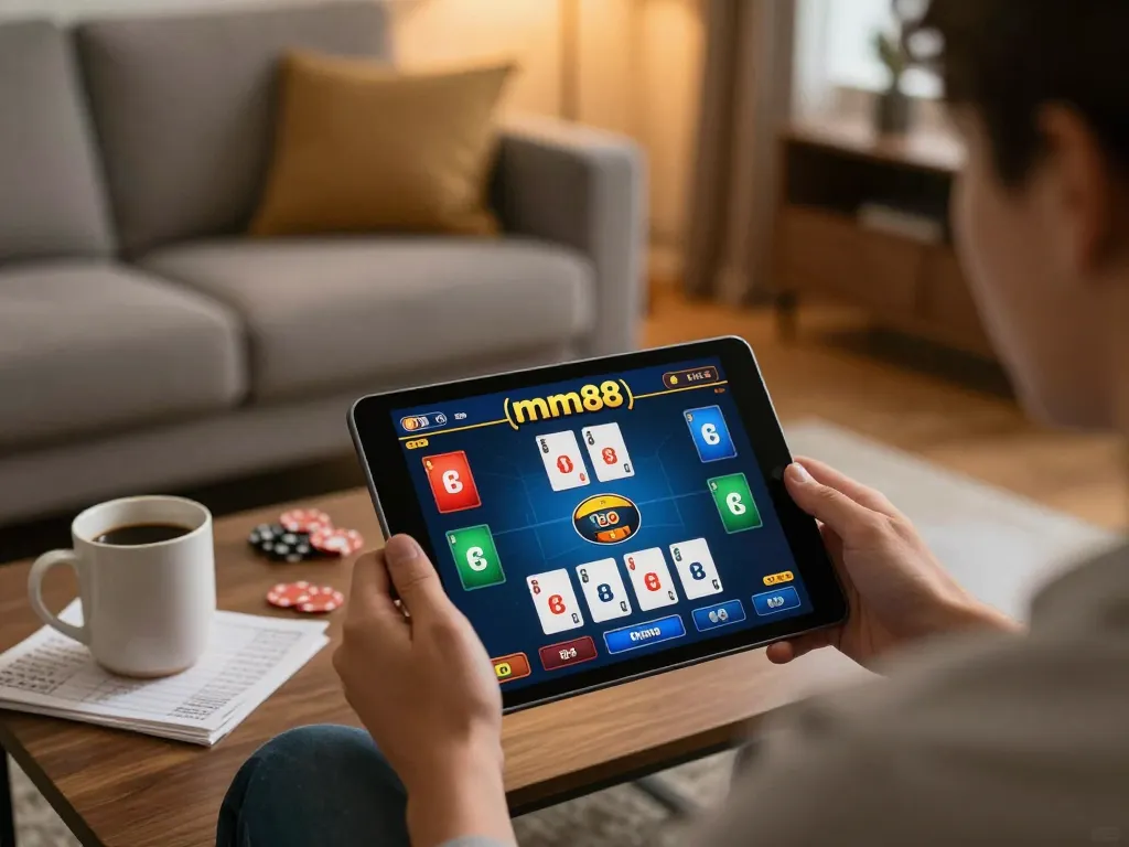 Engage with mm88 through online gaming while enjoying a cozy living room setup.
