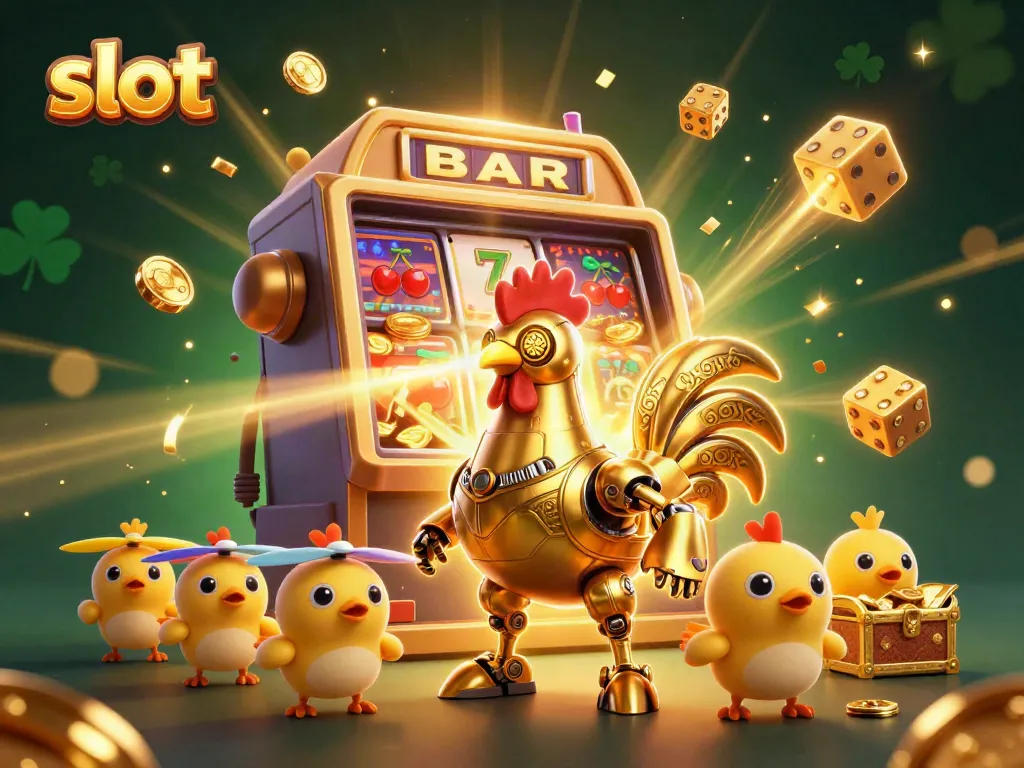 Permainan slot dengan robot ayam emas 3D yang menembakkan sinar laser, di sekeliling mesin slot, koin emas, dan simbol keberuntungan.