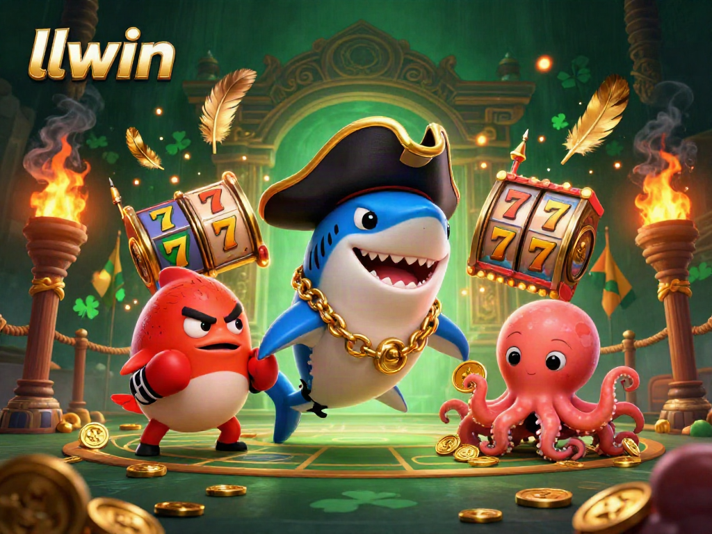 Experience thrilling gaming with llwin's vibrant casino scene featuring a pirate shark and dynamic characters.