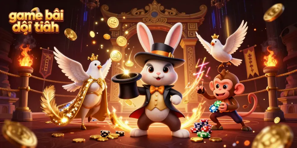 Game bài đổi thưởng scene featuring a magician rabbit, dove, and monkey amidst golden coins and poker chips.