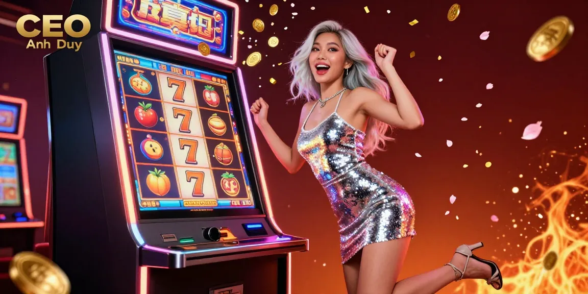 Engaging 3D casino scene showcasing CEO Anh Duy with a jackpot slot machine and festive elements.