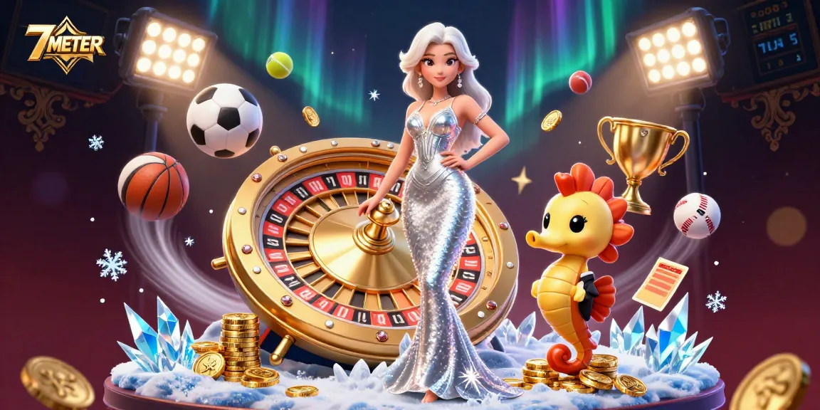 Enhance your betting strategies with 7METER by interacting with a vibrant casino scene featuring dynamic sports elements and engaging characters.