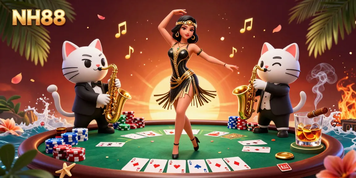 Experience the excitement at NH88 casino with vibrant poker elements in a stunning 3D scene.