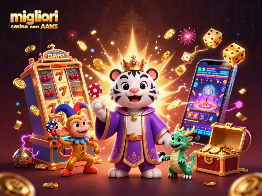 Gioca nei migliori casino non AAMS con slot e jackpot esplosivi, immerso in un'illustrazione 3D vivace.