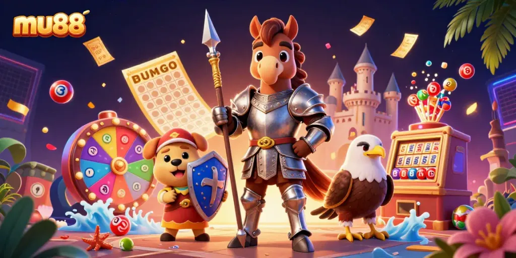Engage in exciting lottery action with mu88, featuring a knight, puppy, and falcon surrounded by vibrant game elements.