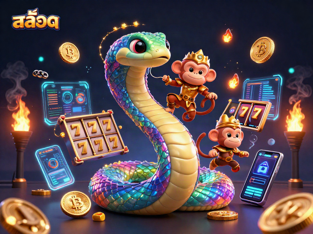 Engage with สล็อต in a vibrant 3D scene featuring a rainbow serpent, monkey king, and dynamic casino elements.