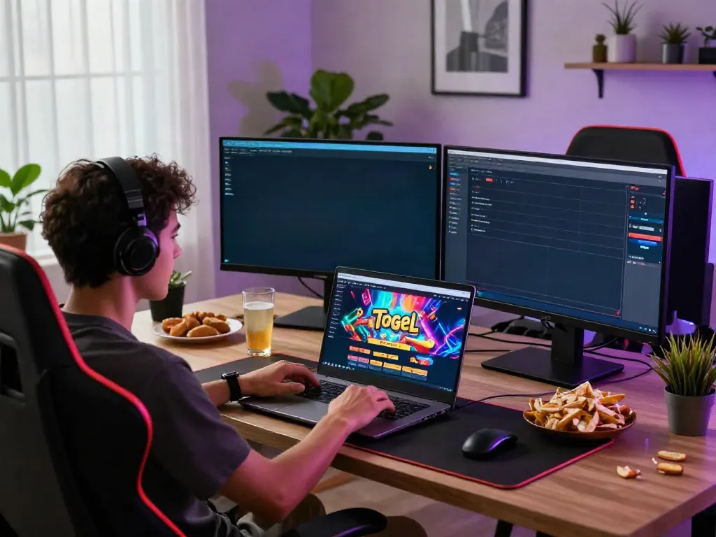 Player engaging with togel online platform on a modern laptop, vibrant and inviting atmosphere.
