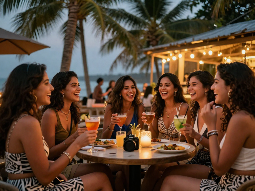 Call girls in Goa enjoying a vibrant night out at a beachfront bar, highlighting elegance and allure.