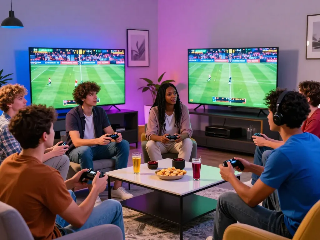 Friends enjoying an exciting W88 online gaming session with live sports and vibrant decor.