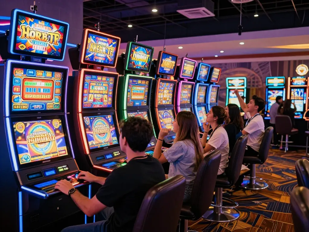 Players celebrating wins at colorful slot machines in a lively casino environment
