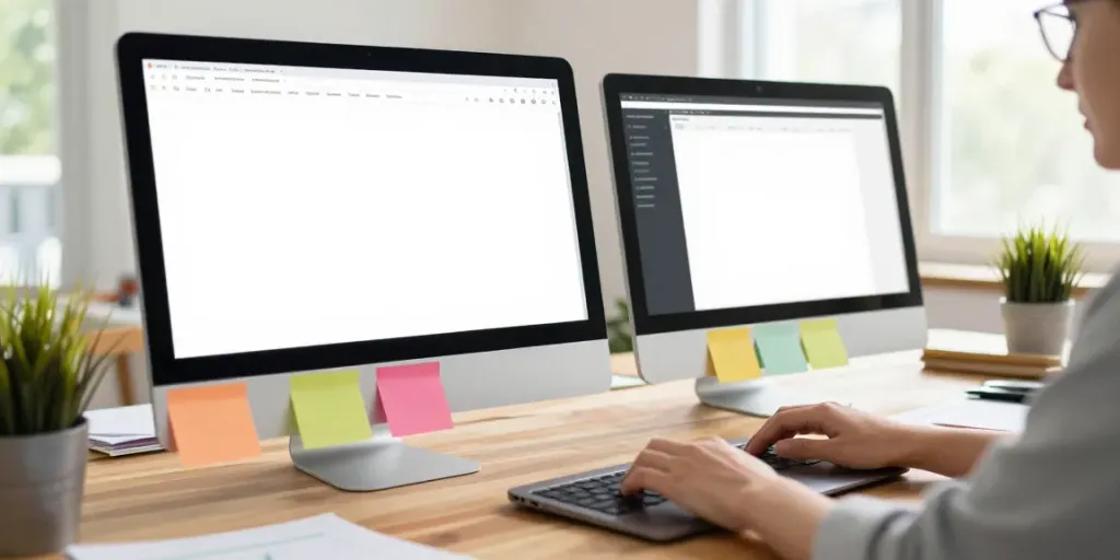 Workspace showcasing a user managing 최신주소 with colorful sticky notes and natural light.