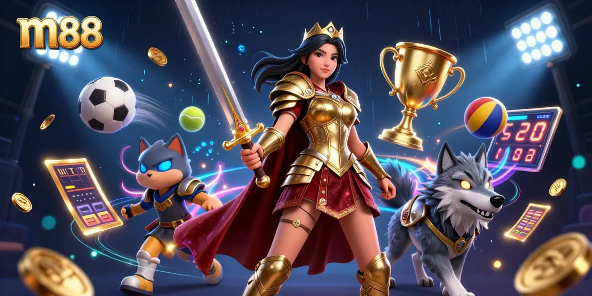 Betting on m88 brings excitement with a warrior queen, sports balls, and energetic gameplay.