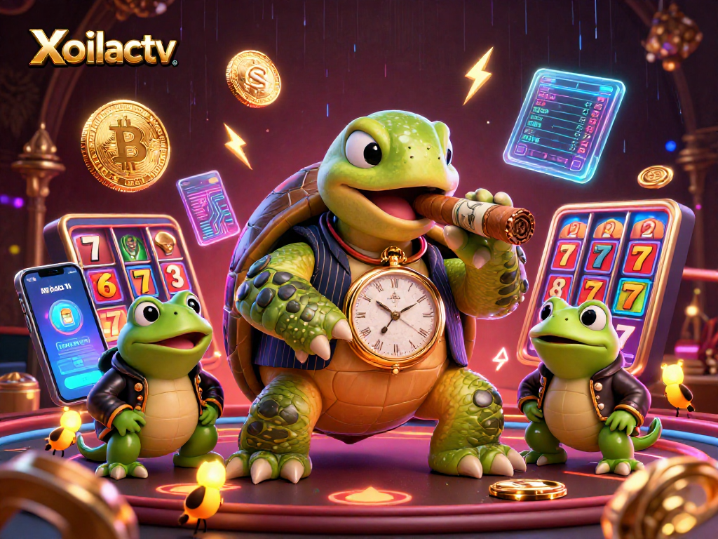 Xoilactv showcases a vibrant casino scene featuring a snapping turtle mobster and bullfrog enforcers with crypto elements.