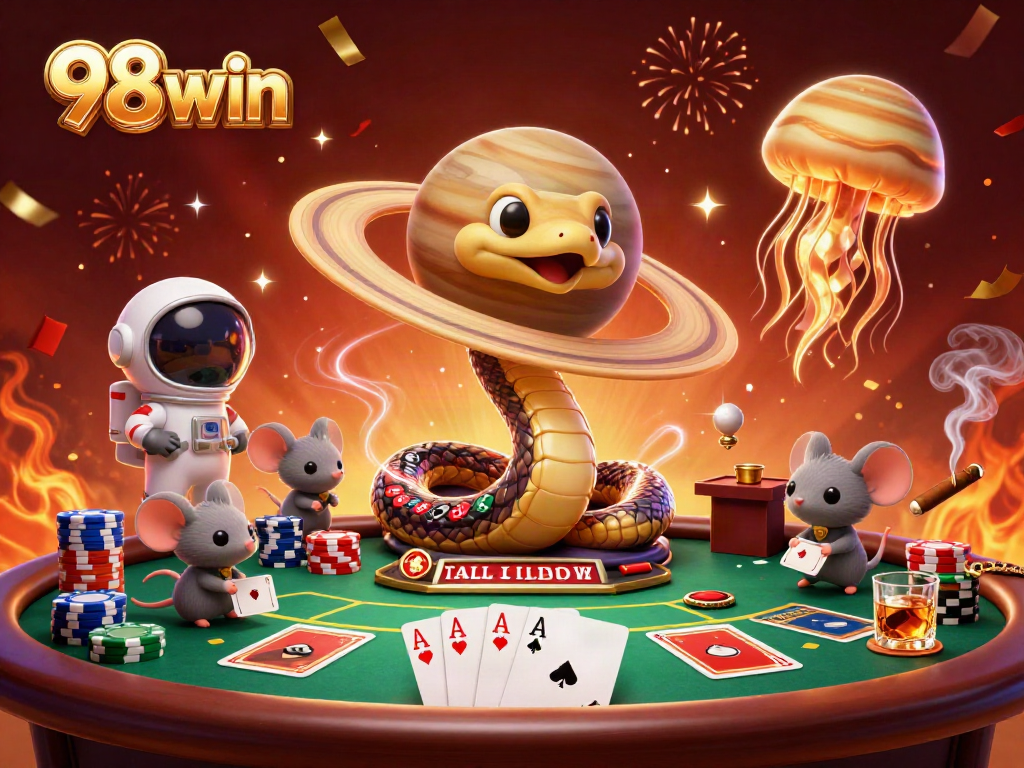Engage in thrilling games at 98win, featuring cosmic dealers and vibrant casino elements.