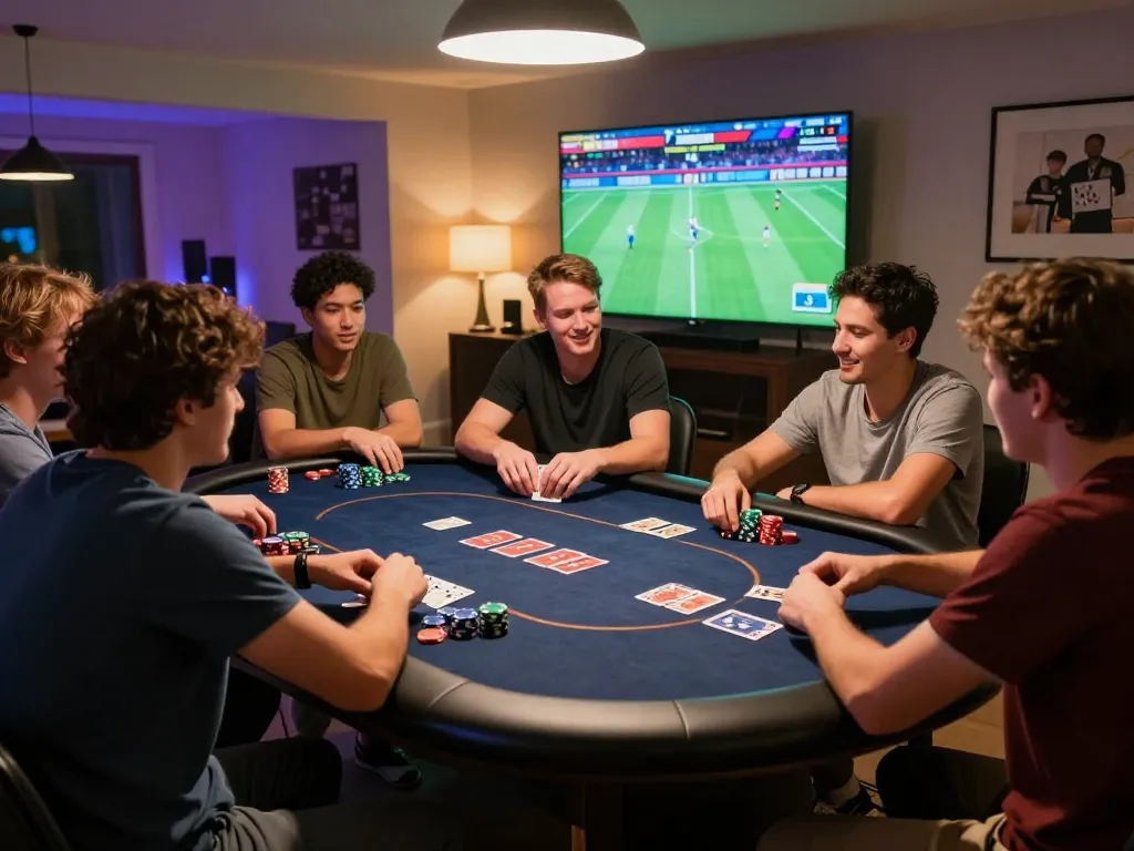 Socolive players enjoying an exciting poker night while watching live football, combining gaming and sports entertainment.