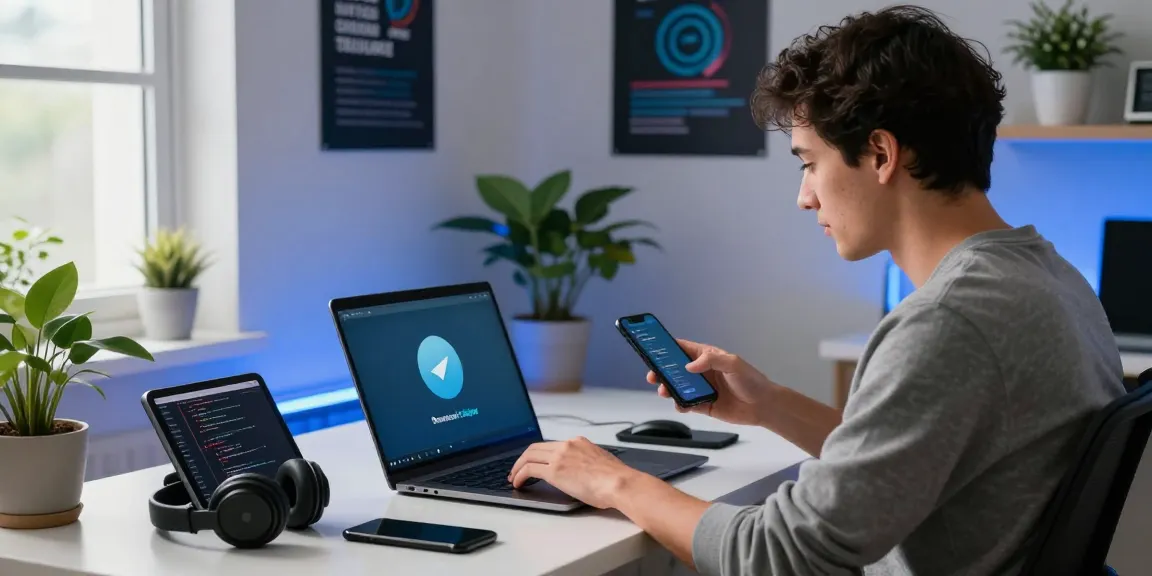 Download Telegram effortlessly in a modern tech workspace with sleek devices and ambient lighting.
