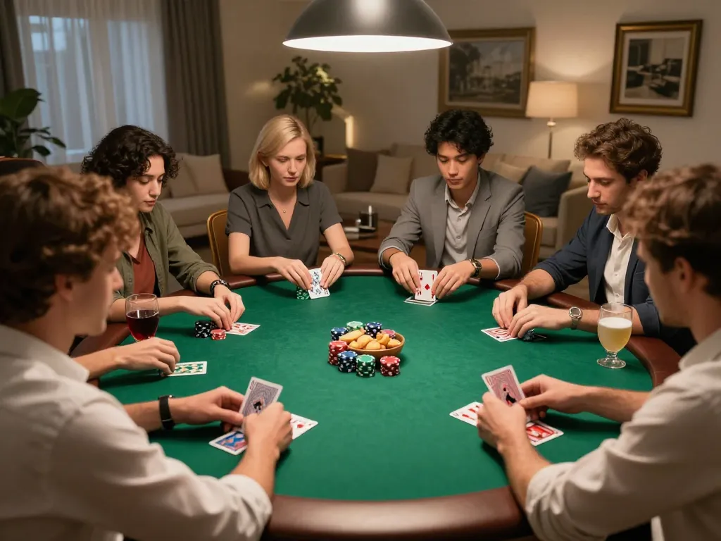 Players strategizing a poker game at home, highlighting mb88 casino gaming in a cozy atmosphere.