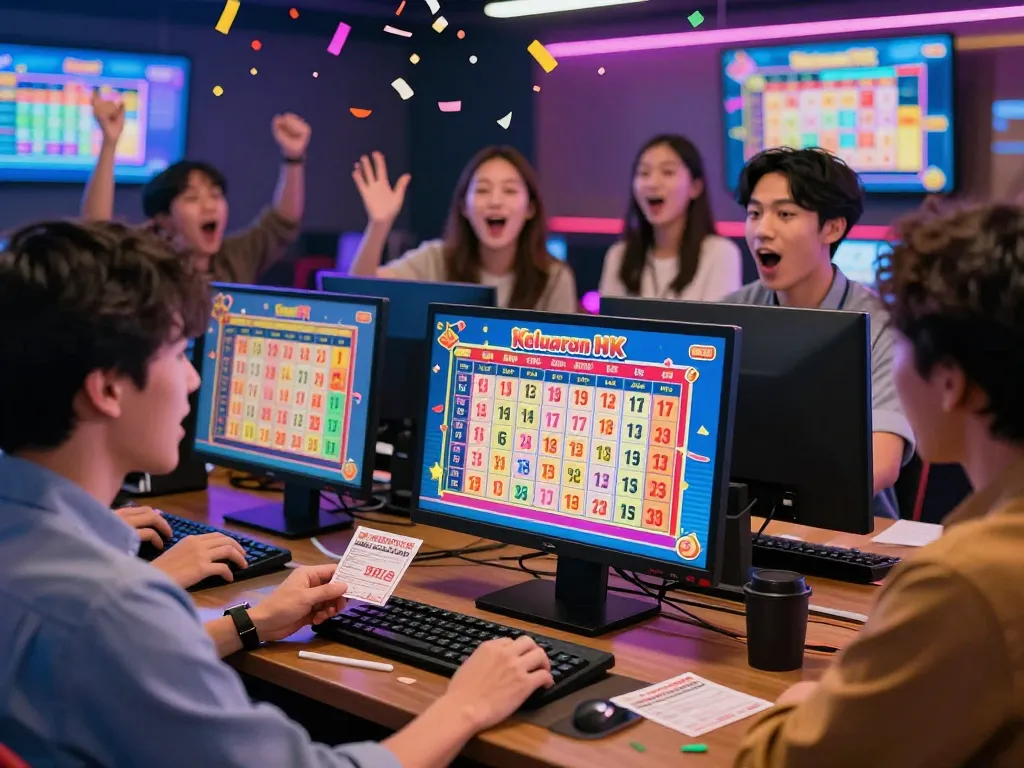 Engaged players excitedly watching Keluaran HK lottery results on modern screens in a vibrant atmosphere.