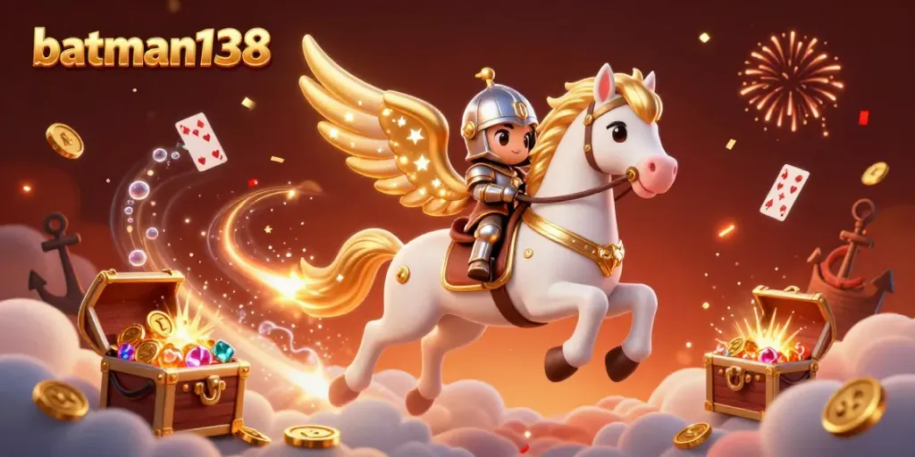 Experience thrilling gameplay with batman138, featuring a 3D knight on a celestial horse amidst gold and gaming elements.