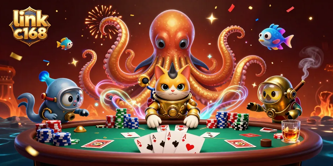 Experience the excitement of link c168 with a vibrant casino scene featuring a kraken and diving cat!