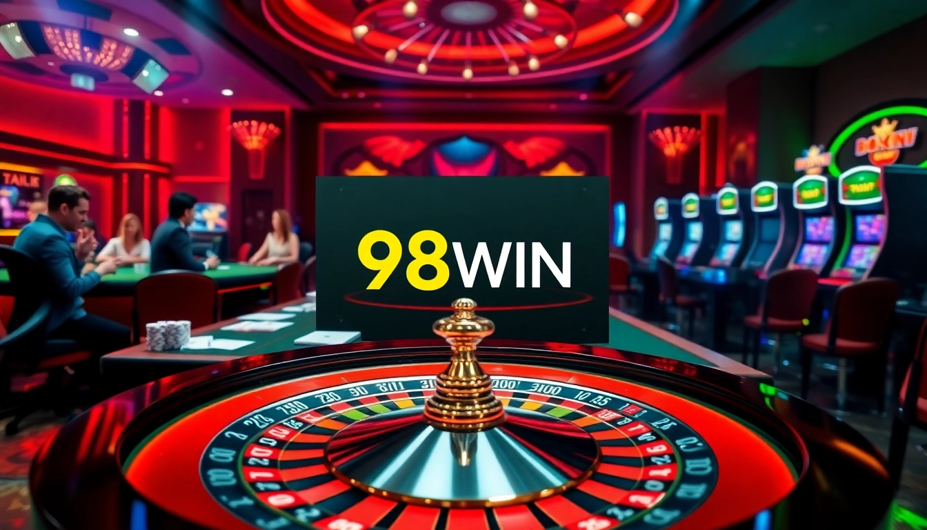 Exciting gambling scene featuring 98WIN logo on a modern casino interface with roulette and poker elements.