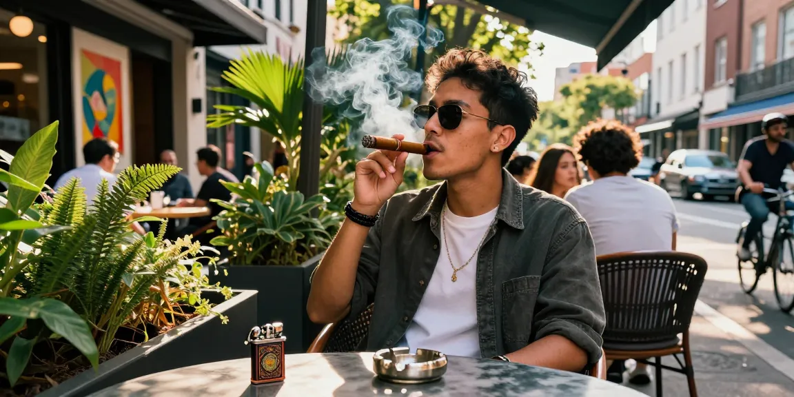 Enjoying rokok88 cigar in a vibrant urban café setting, showcasing cultural smoking experience.