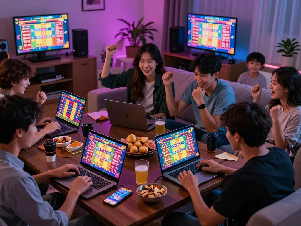 Enthusiastic players enjoying Toto Togel lottery game in a lively home gaming atmosphere.