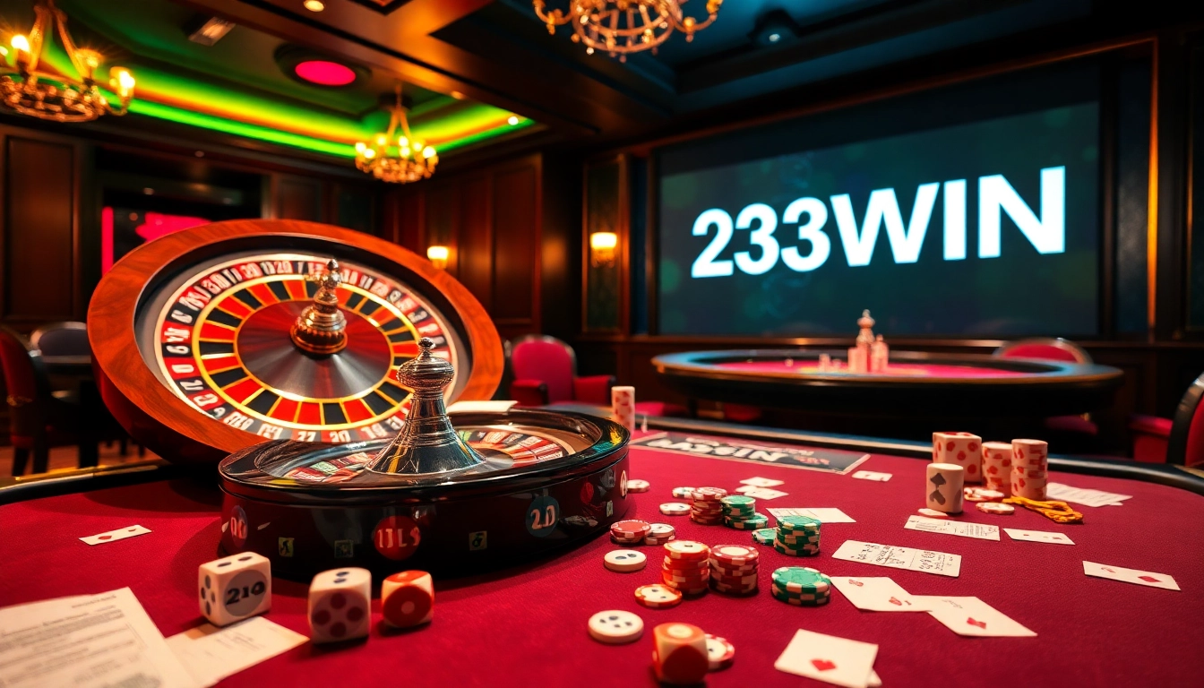 Experience the thrill of 23WIN with an elegant casino scene featuring a roulette wheel and poker action.