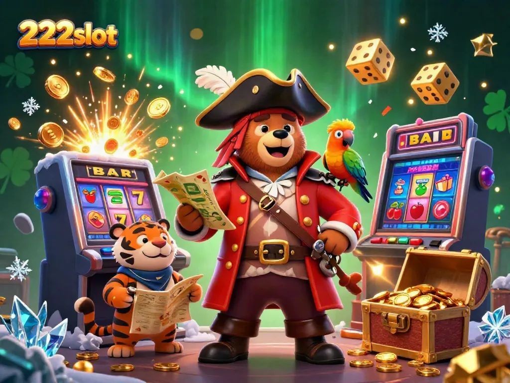 Permainan slot menarik di 222slot dengan gambar slot mesin yang penuh harta karun dan karakter kartun.