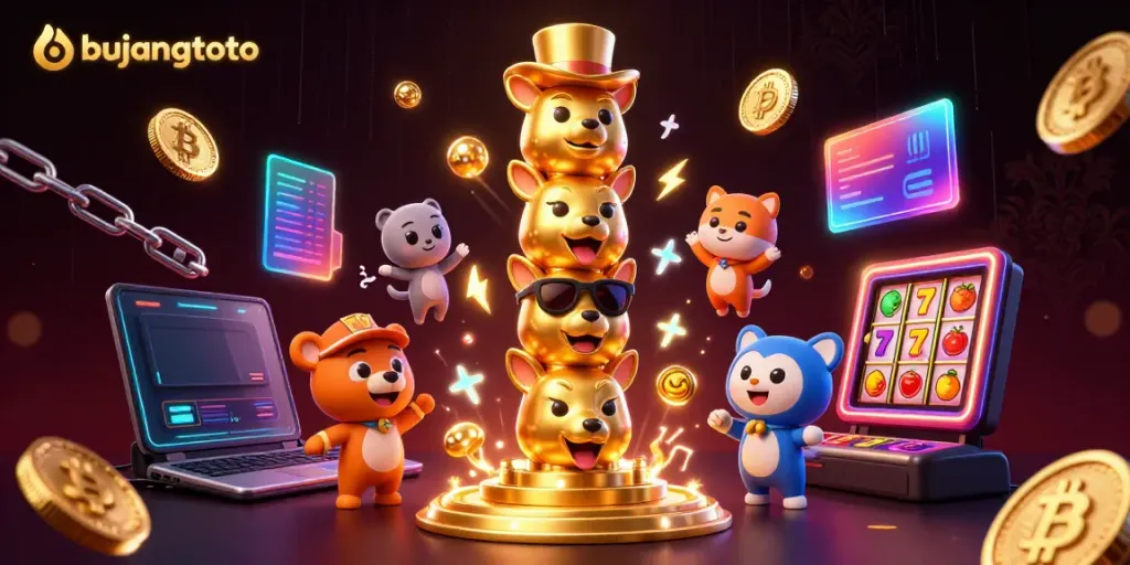 Bujangtoto's exciting scene with a golden totem pole, crypto coins, and casino elements for thrilling gaming.
