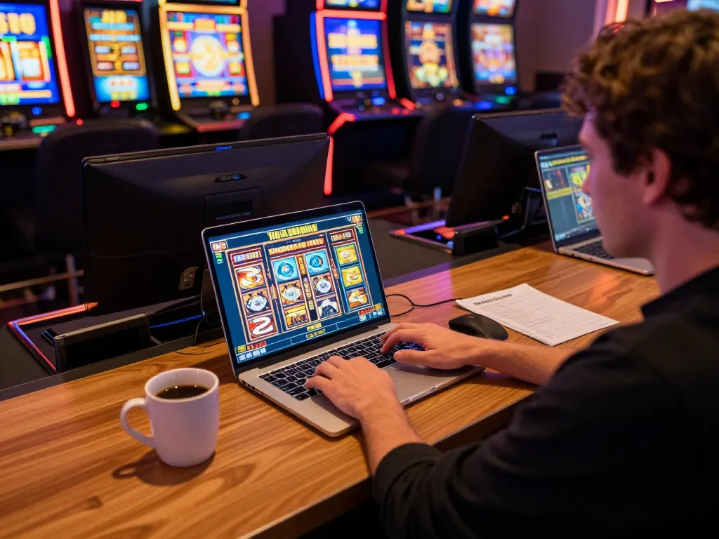 Slot gacor hari ini gameplay on a laptop at a cozy desk, showcasing vibrant graphics and engaging setup