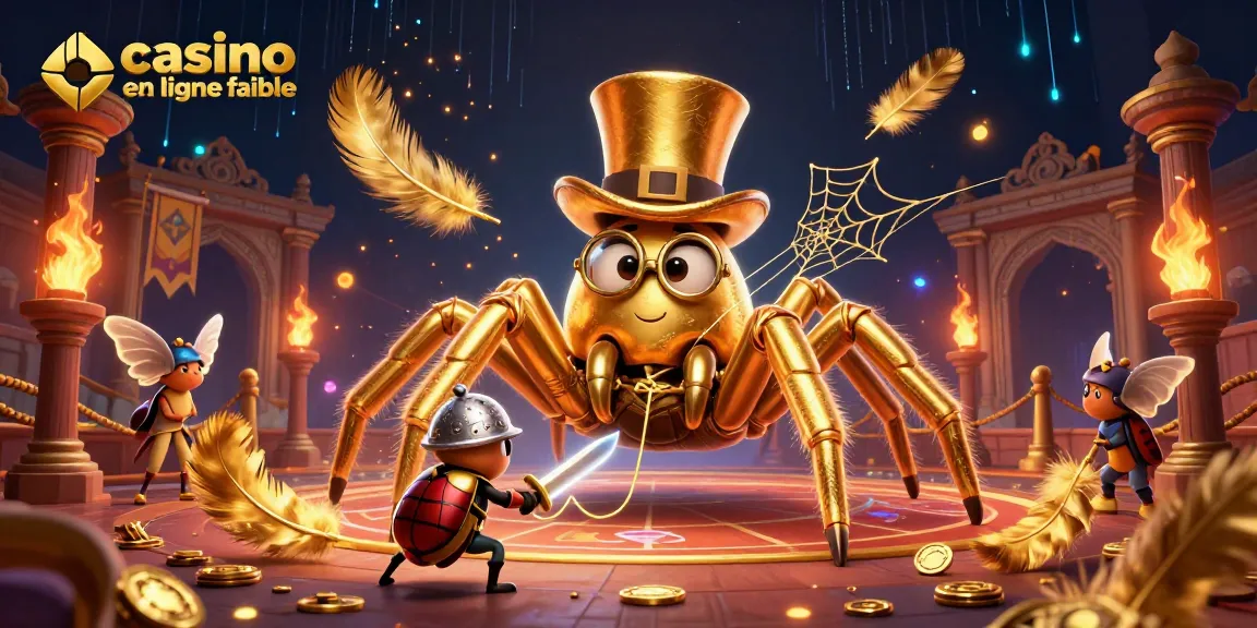 Visualisez un casino en ligne fiable, animé par une araignée dorée géante et un scarabée chevalier, sur fond de jeux et d'effets lumineux.