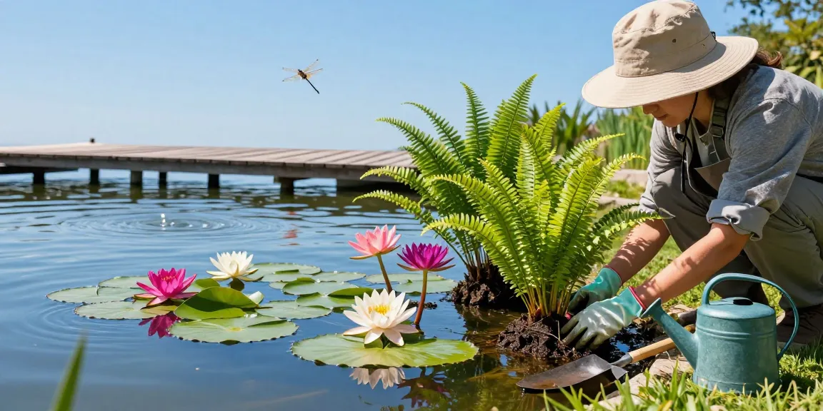 Pond plants flourishing in a vibrant garden with a gardener planting water lilies, creating a serene outdoor atmosphere.