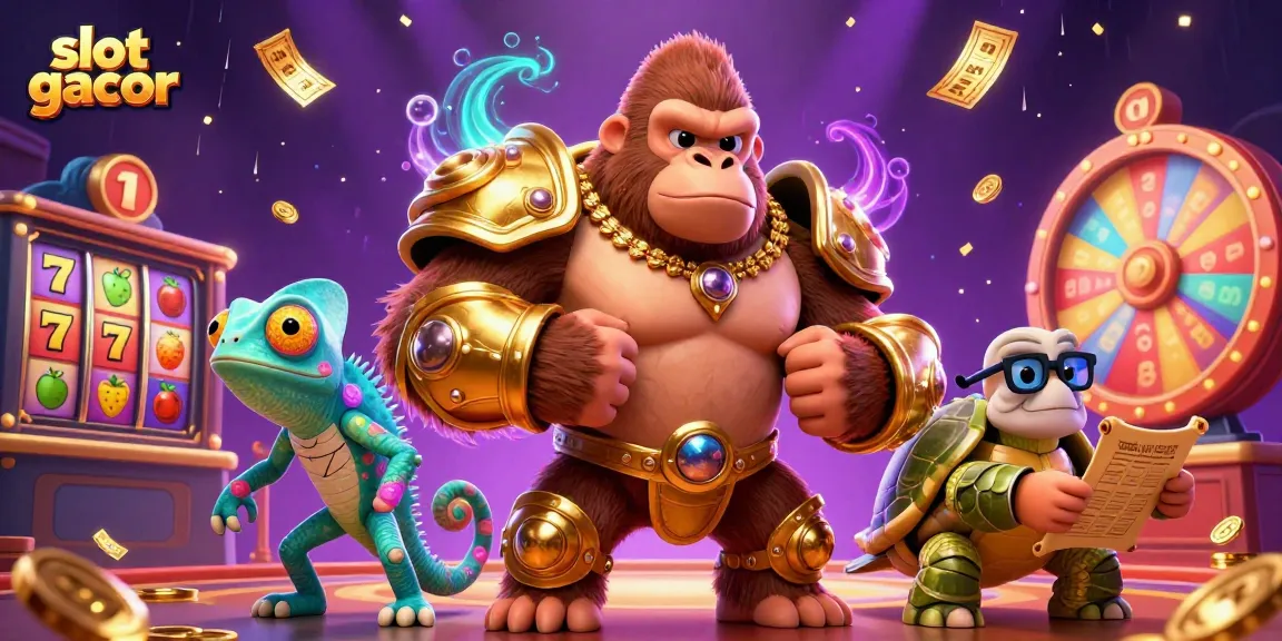 Engage with slot gacor in a lively casino scene featuring a gorilla king, colorful reels, and dynamic prize elements.