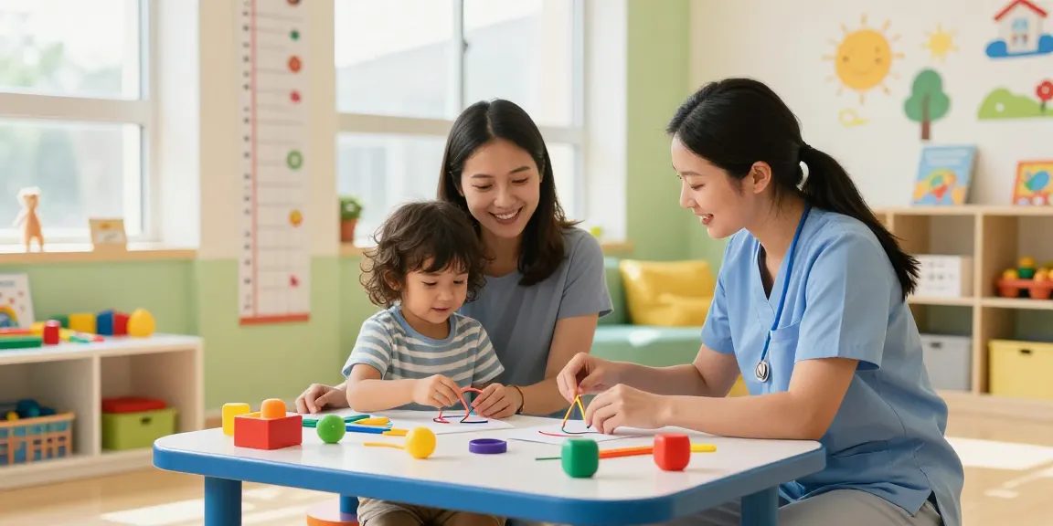 Occupational therapy helping children develop skills through engaging activities with supportive professionals in a bright therapy room.